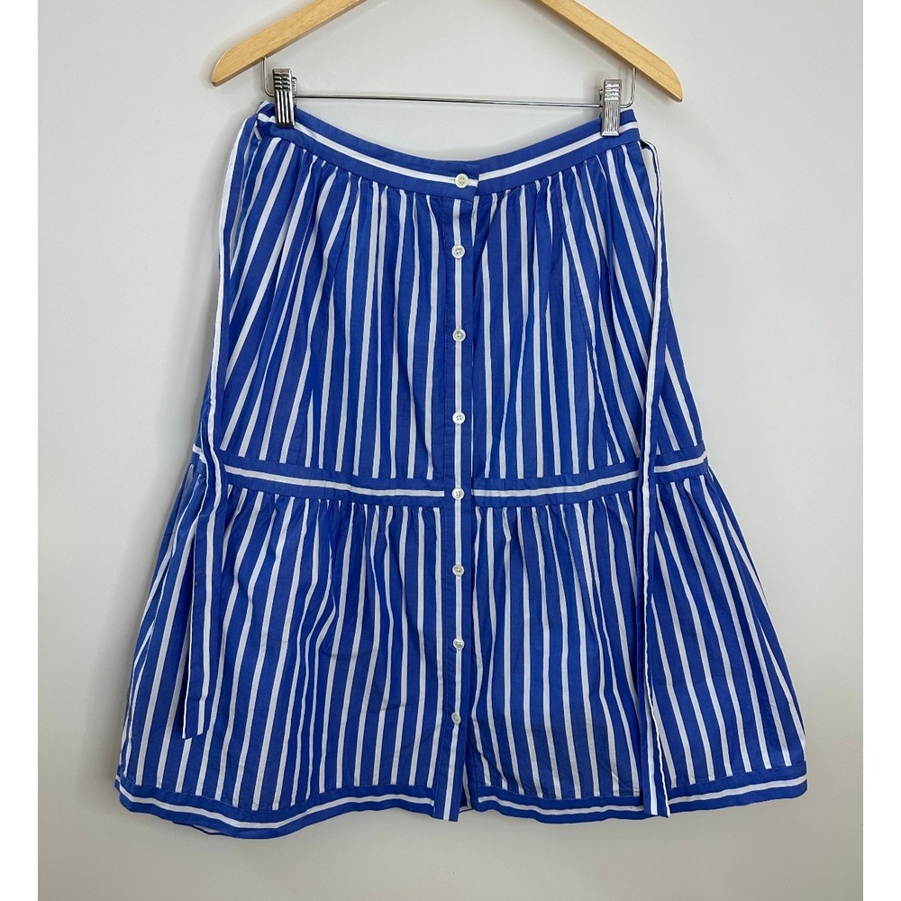 J. Crew Striped Midi Skirt Blue White Button Size 8 Preppy Coastal Brunch Summer - Picture 4 of 14